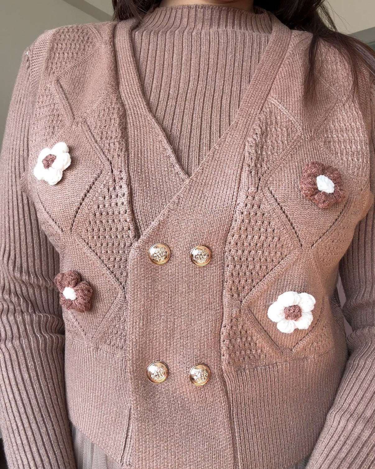 2 Piece Crochet Flower Detailing Textured Vest With Winter Dress