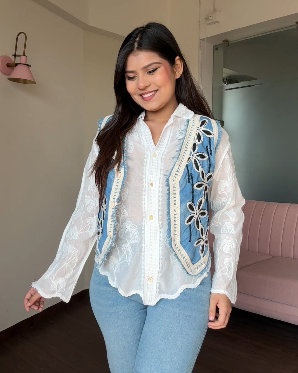 2 Piece Denim Vest Detailing With White Tissue Cotton Shirt
