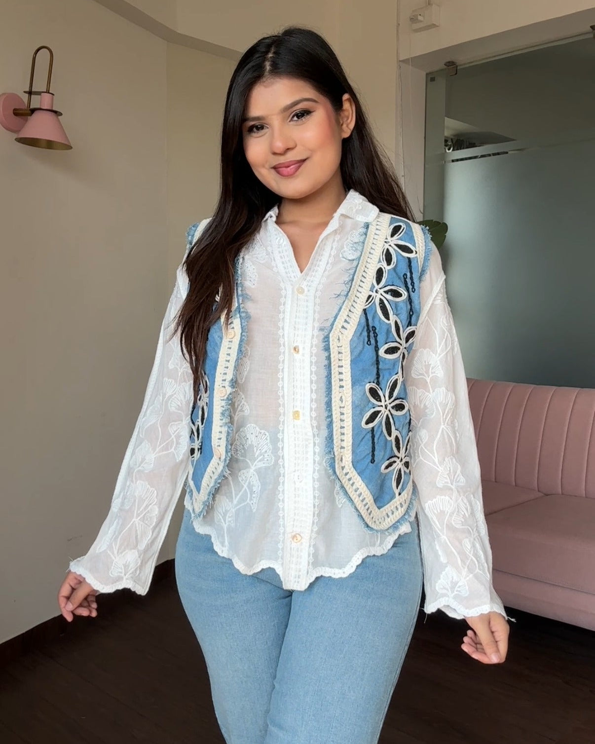 2 Piece Denim Vest Detailing With White Tissue Cotton Shirt