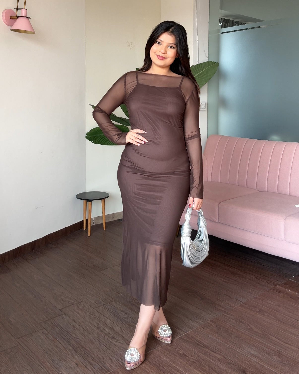 2 Piece Mesh Detailing Bodycon Fitted Midi Dress