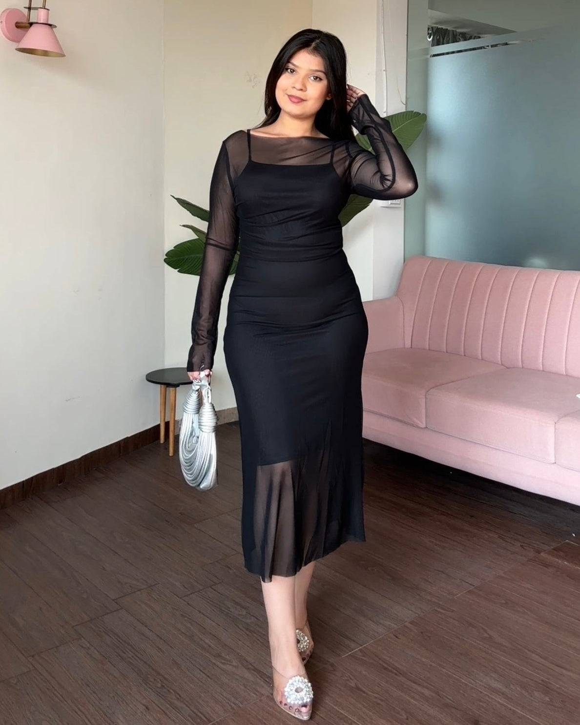 2 Piece Mesh Detailing Bodycon Fitted Midi Dress