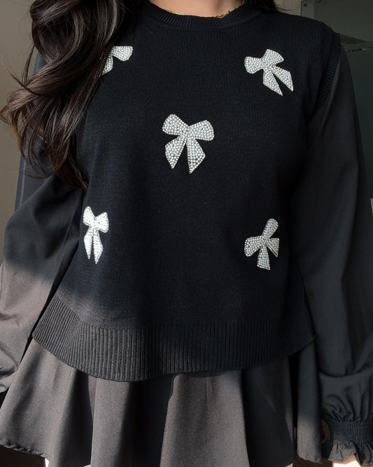2 Piece Pearl Bow Ruffle Blouse With Vest Top