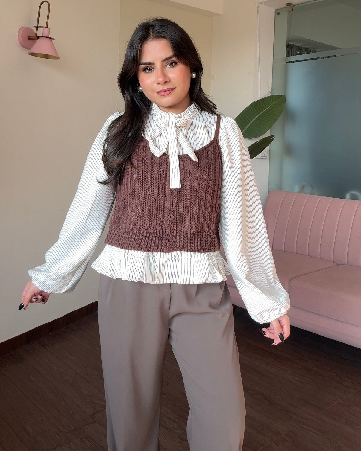 2 Piece Striped Tie Up Shirt With Crochet Top