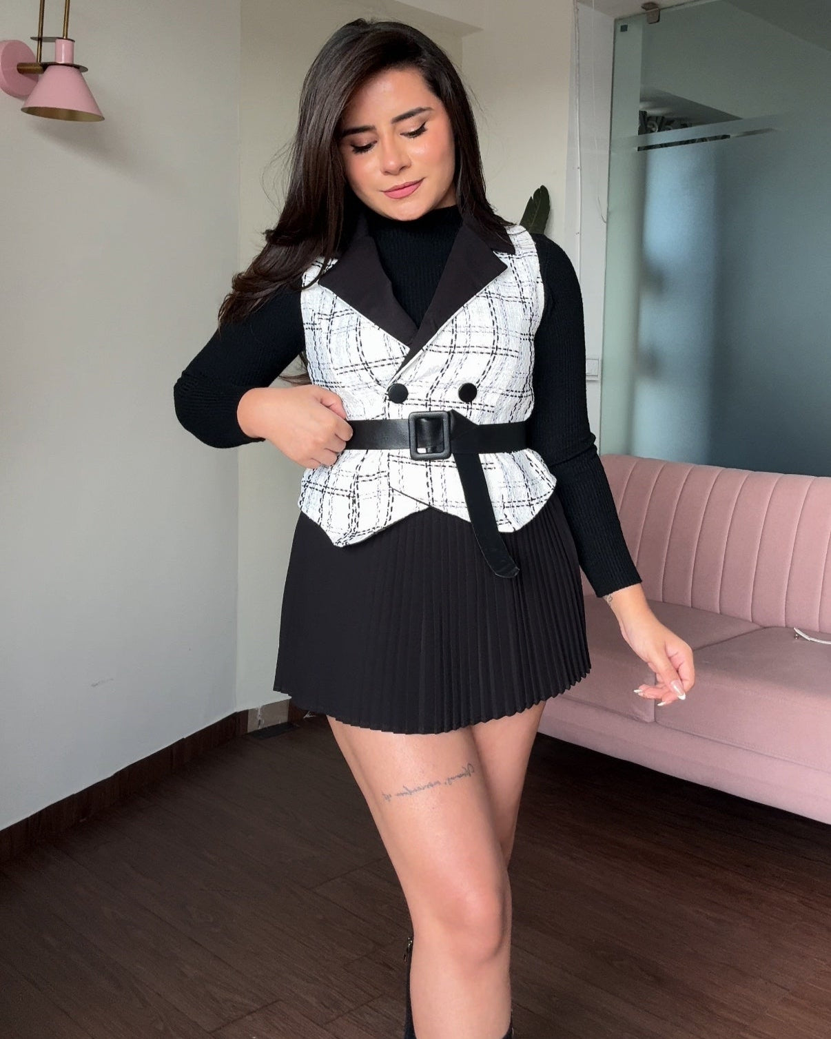 3 Piece Tweed Top With Inner And Belt