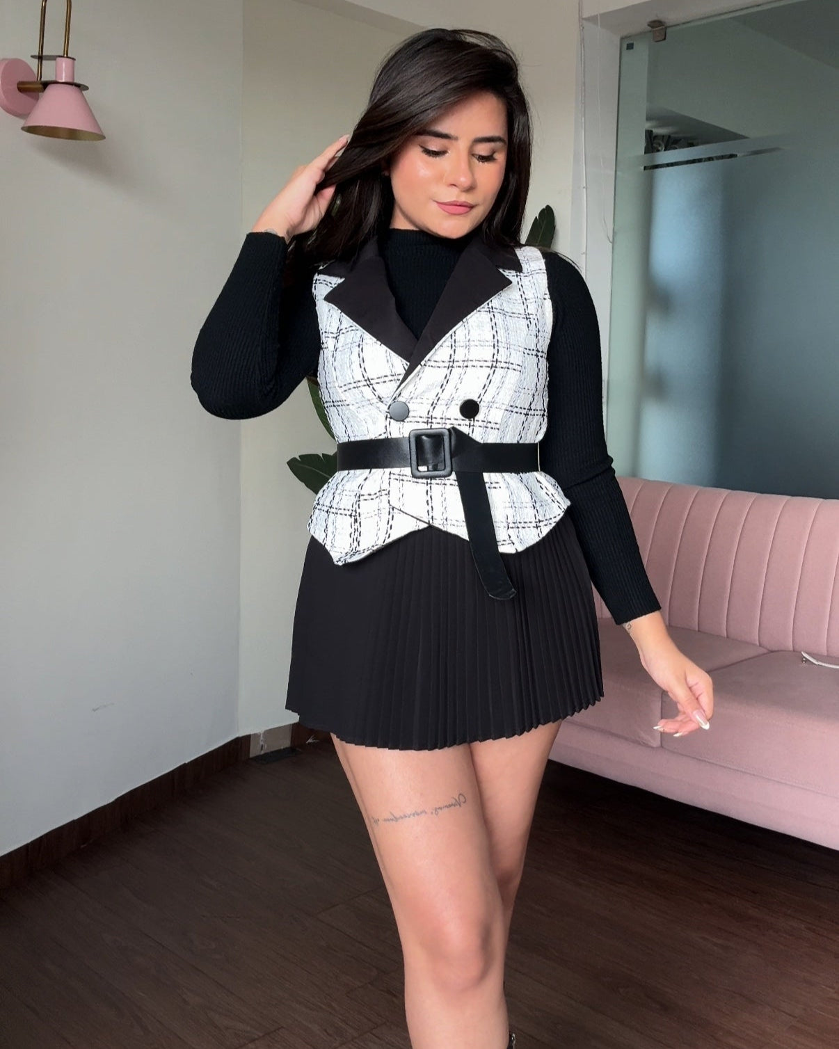 3-Piece Tweed Top With Inner And Belt