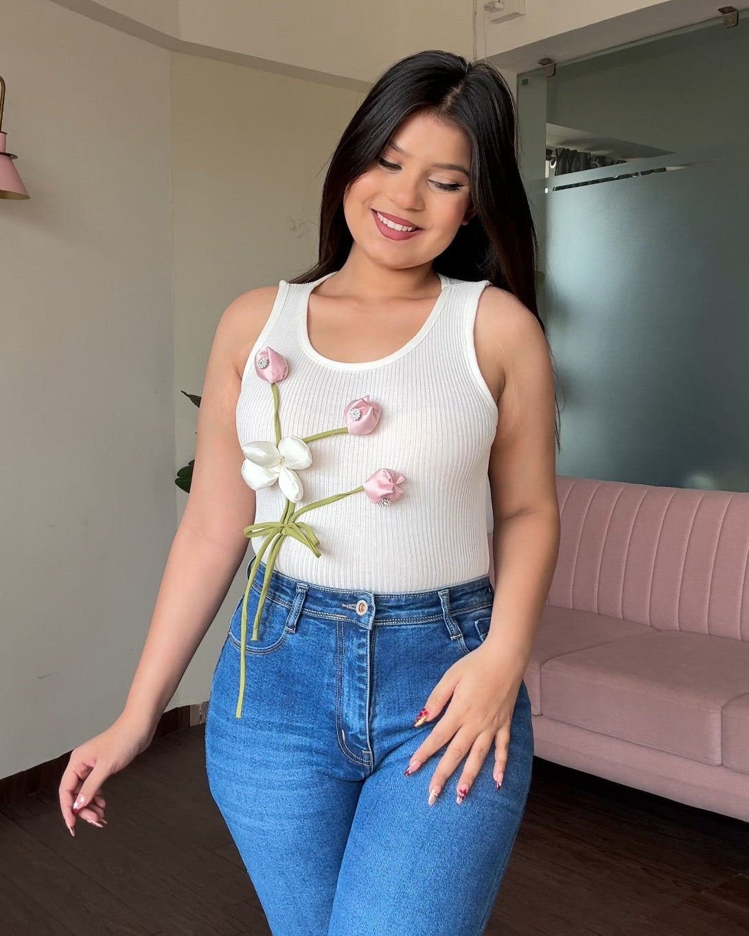 3D Floral Embellished Tank Top