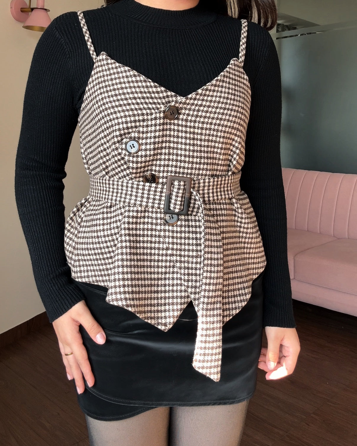 3 Piece Houndstooth Pattern Vest Top With Belt