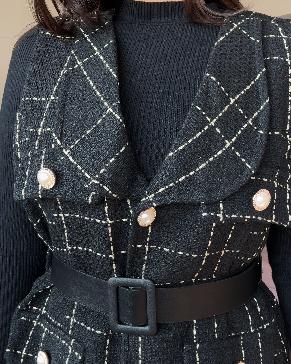 3 Piece Long Tweed Dress With Belt And Inner