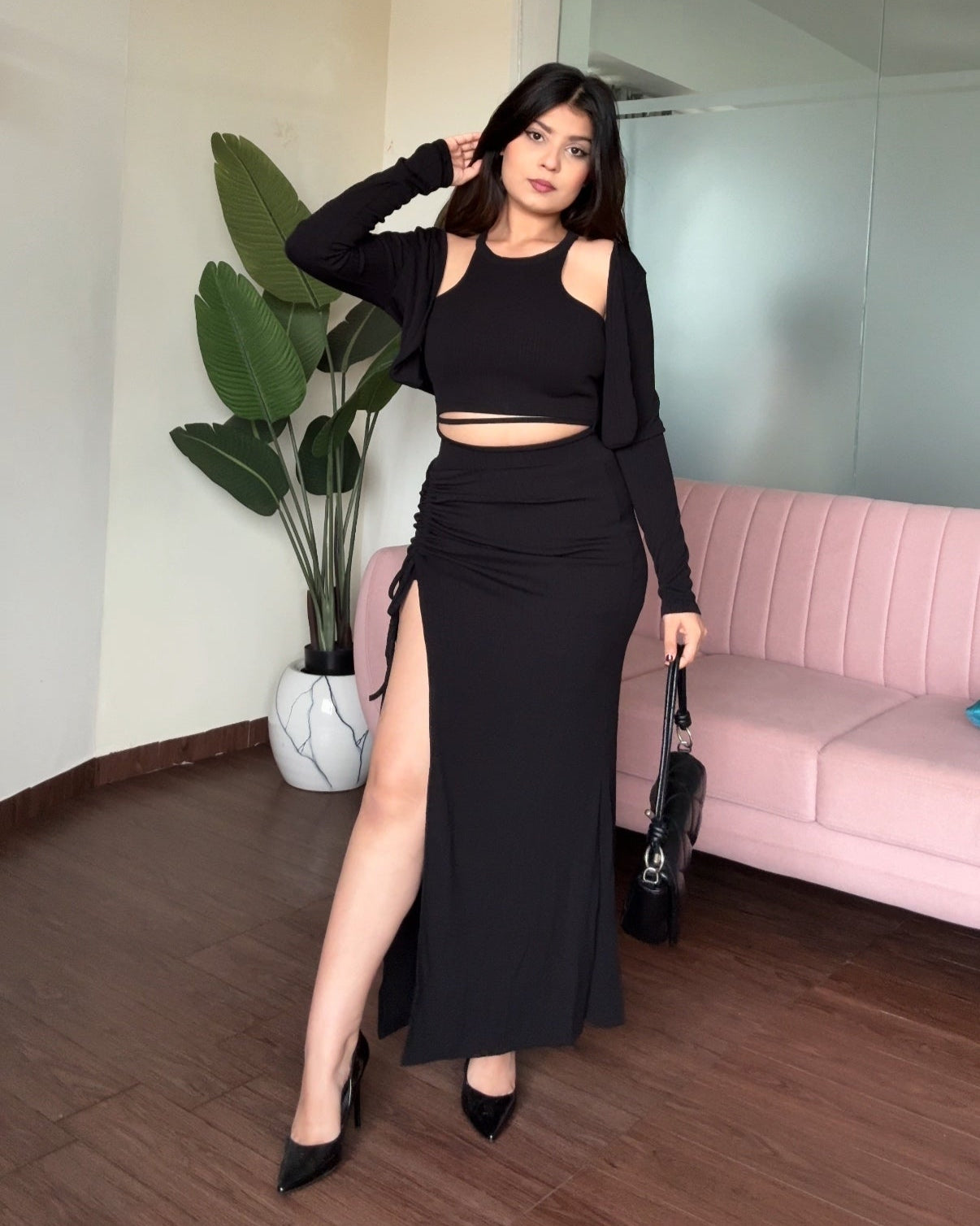 3 Piece Padded Cami Top Skirt Set With Cardigan