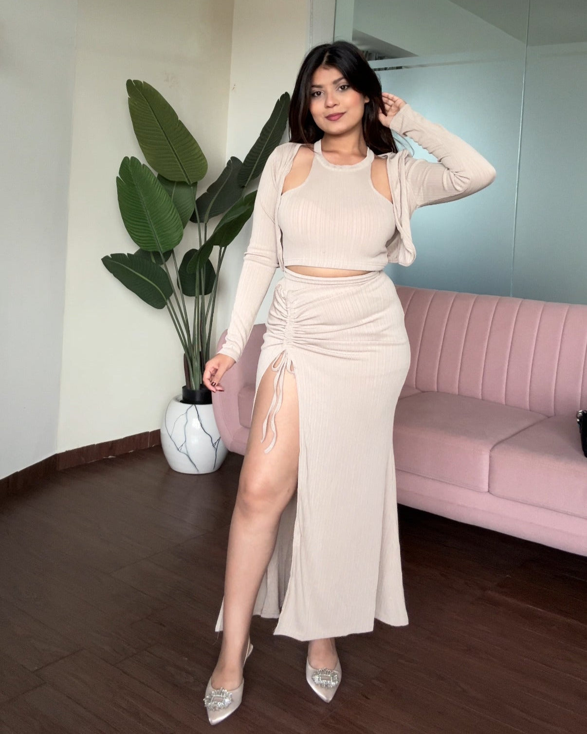3 Piece Padded Cami Top Skirt Set With Cardigan