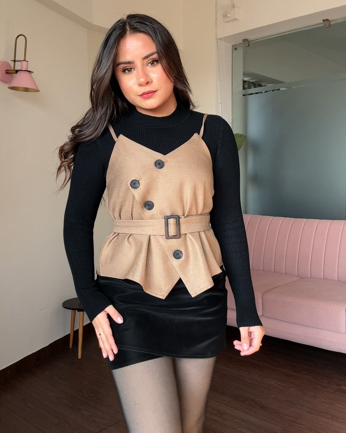 3 Piece Trench Vest Detailing Top With Belt