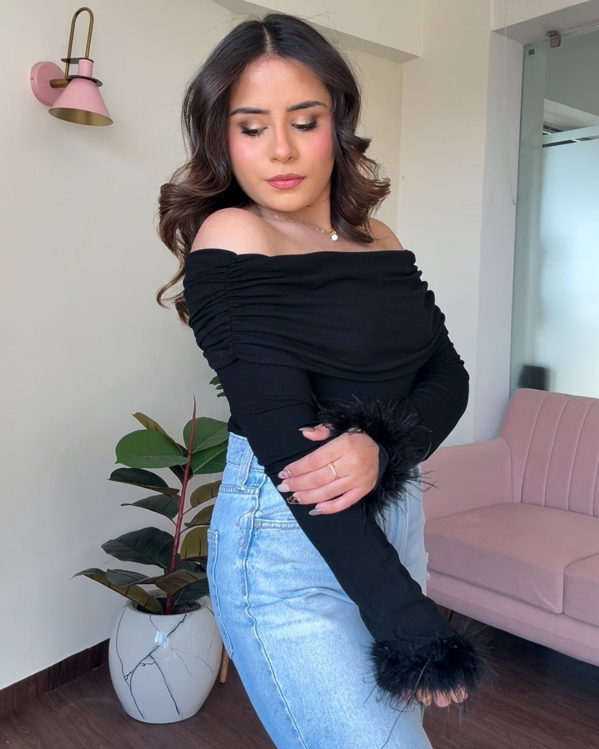 Off Shoulder Fur Detailing Full Sleeve Top