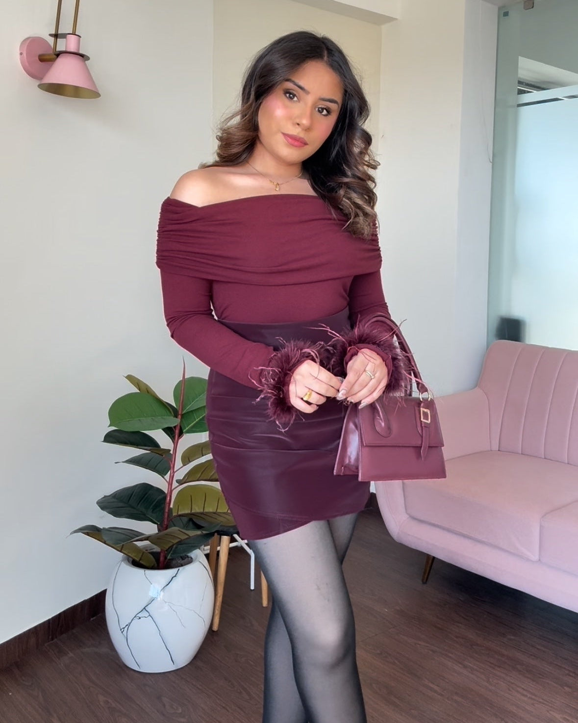 Off Shoulder Fur Detailing Full Sleeve Top