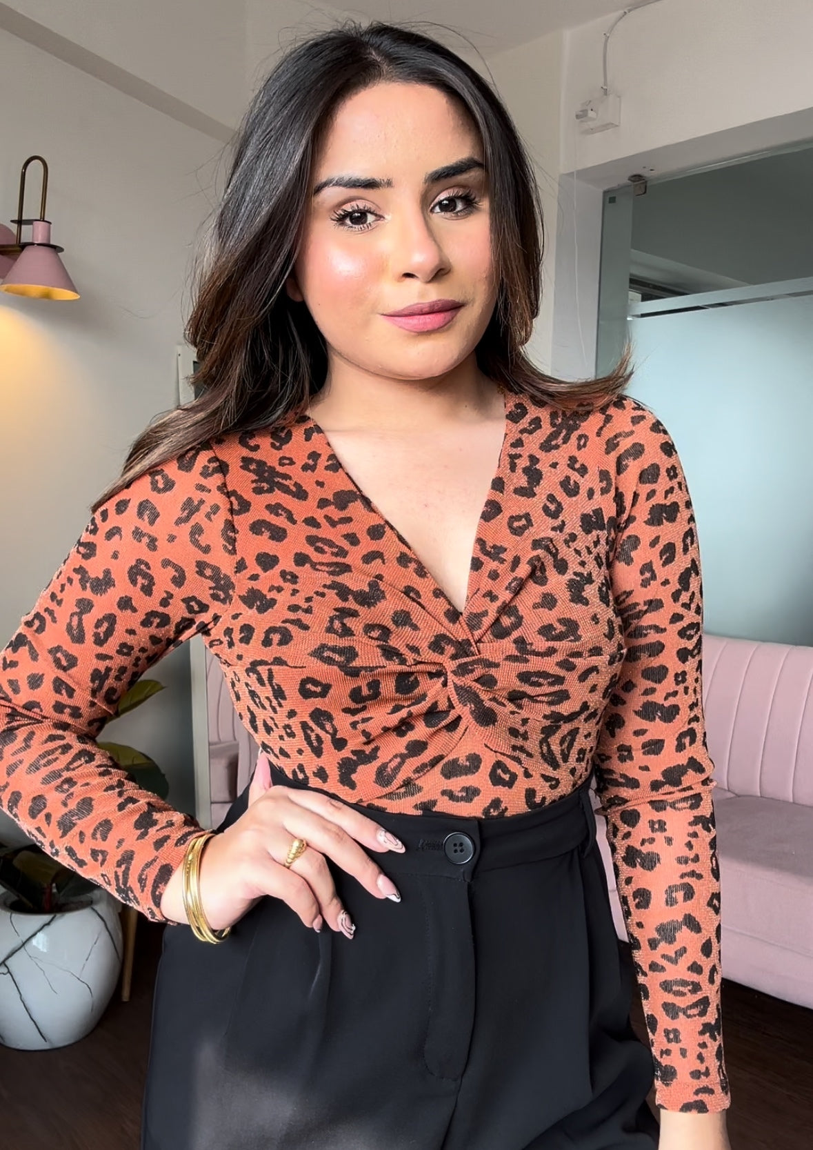 Animal Print Mesh Full Sleeve Knot Top