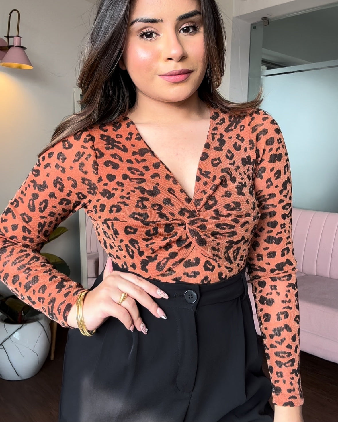 Animal Print Mesh Full Sleeve Knot Top