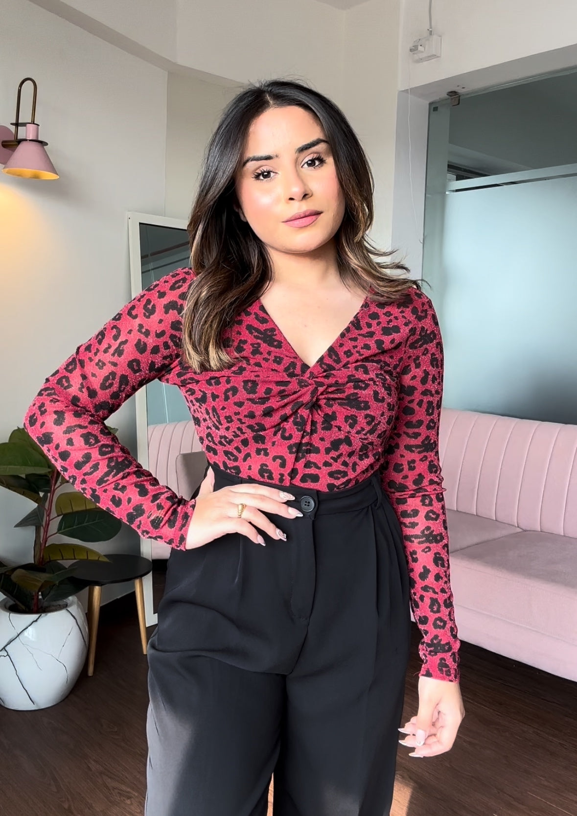 Animal Print Mesh Full Sleeve Knot Top