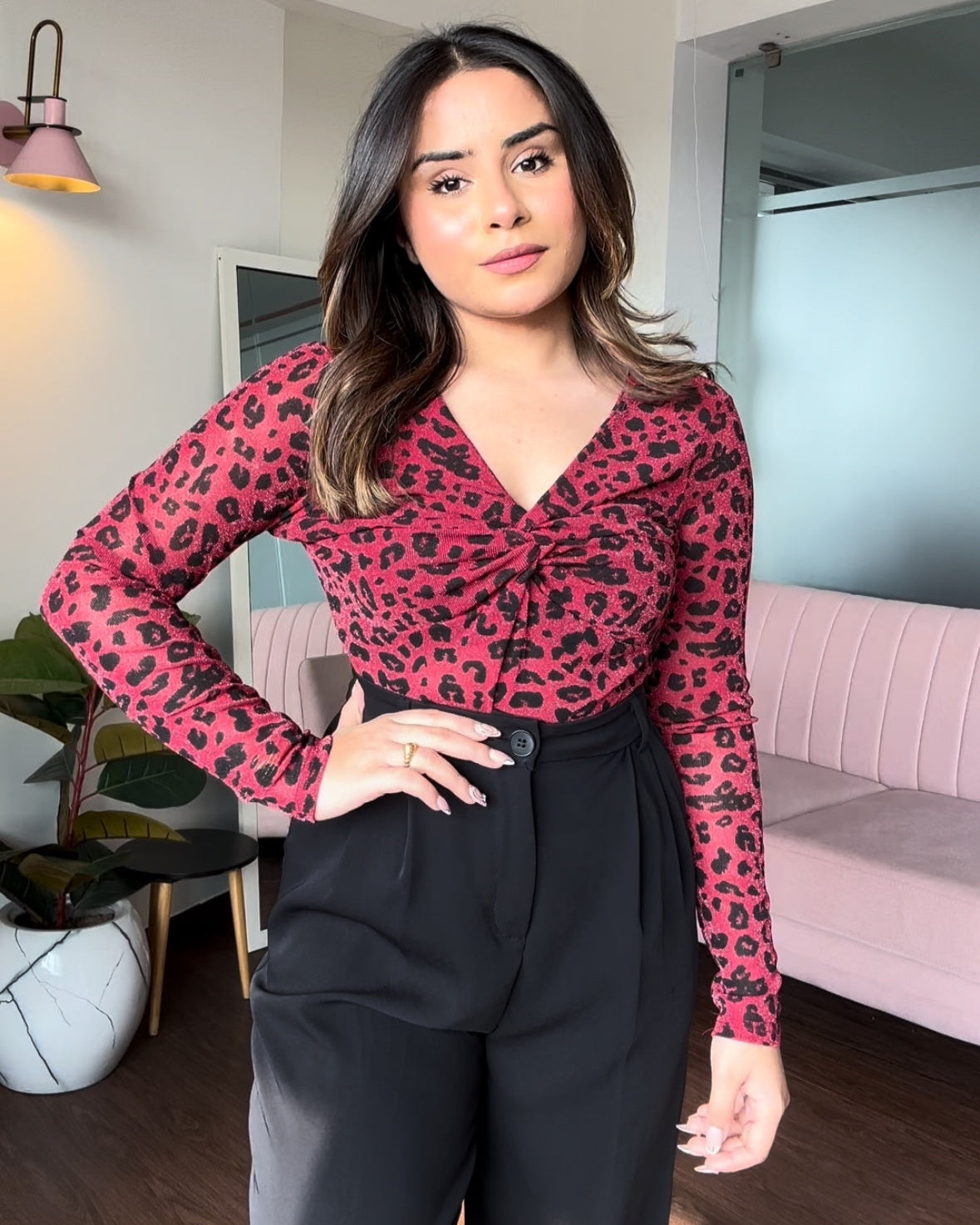 Animal Print Mesh Full Sleeve Knot Top