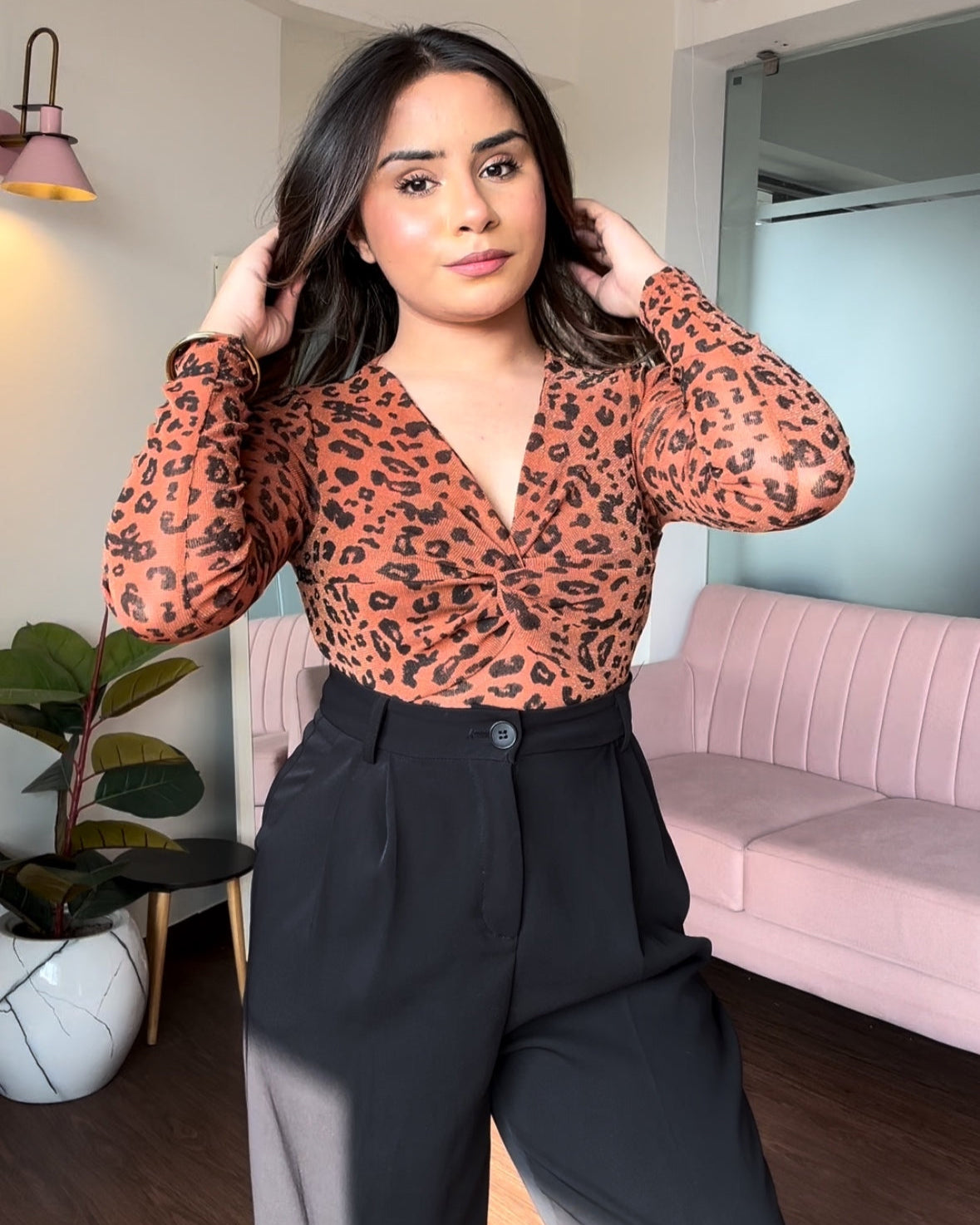 Animal Print Mesh Full Sleeve Knot Top