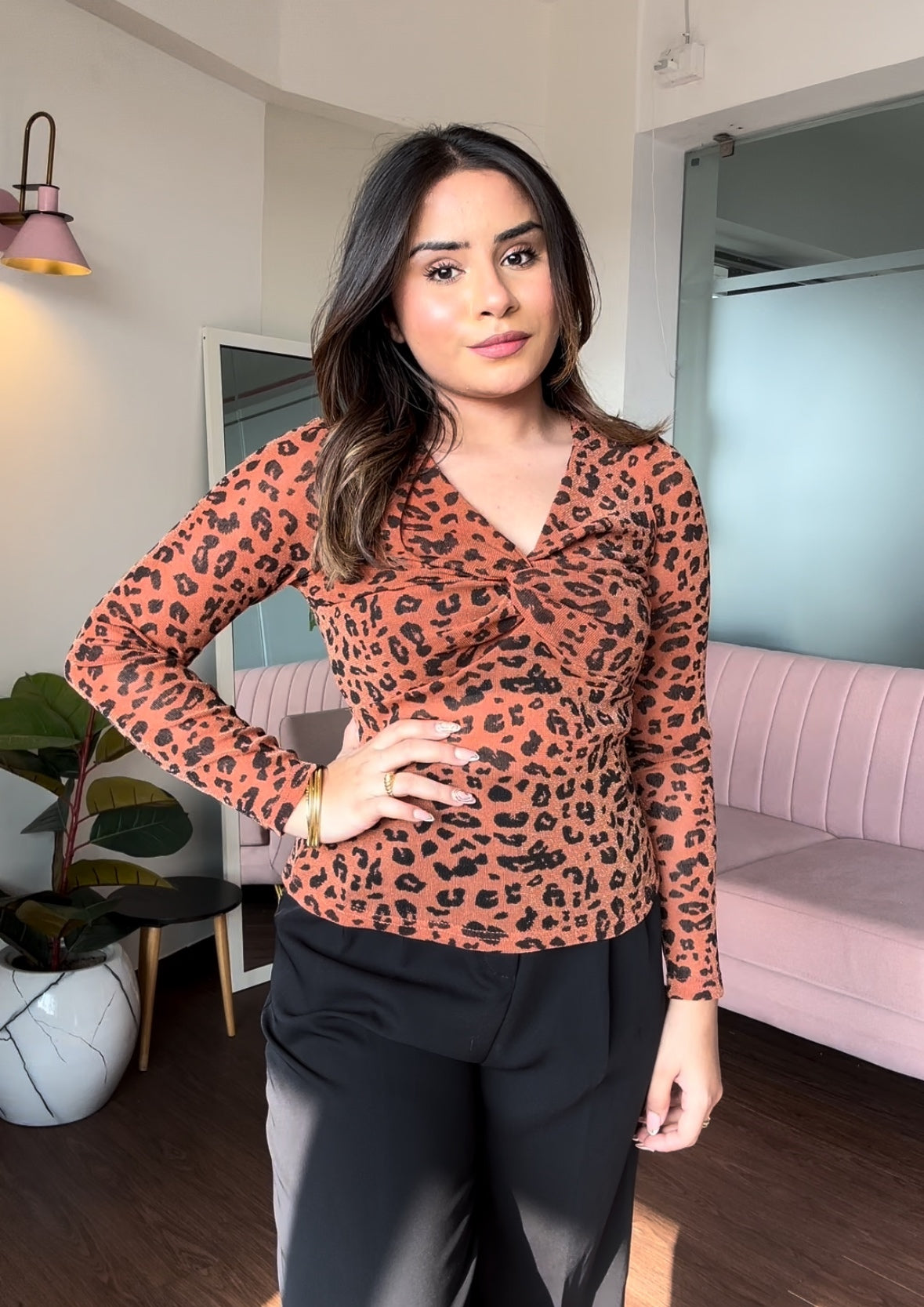 Animal Print Mesh Full Sleeve Knot Top
