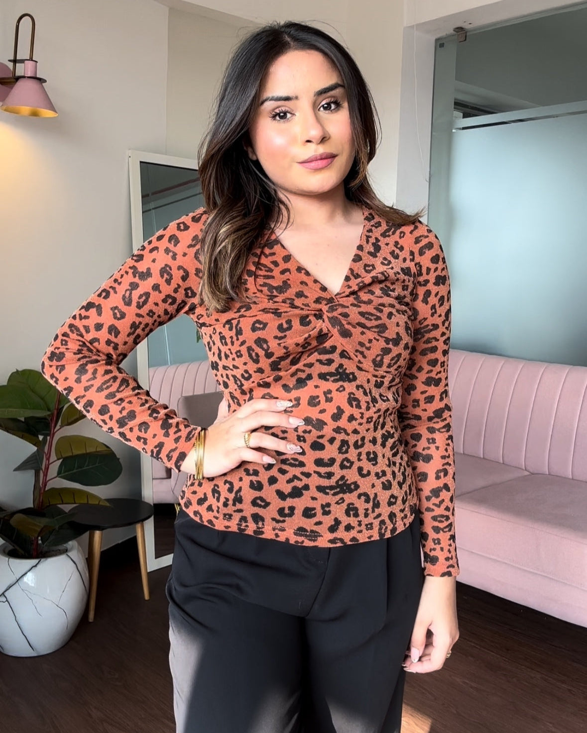 Animal Print Mesh Full Sleeve Knot Top