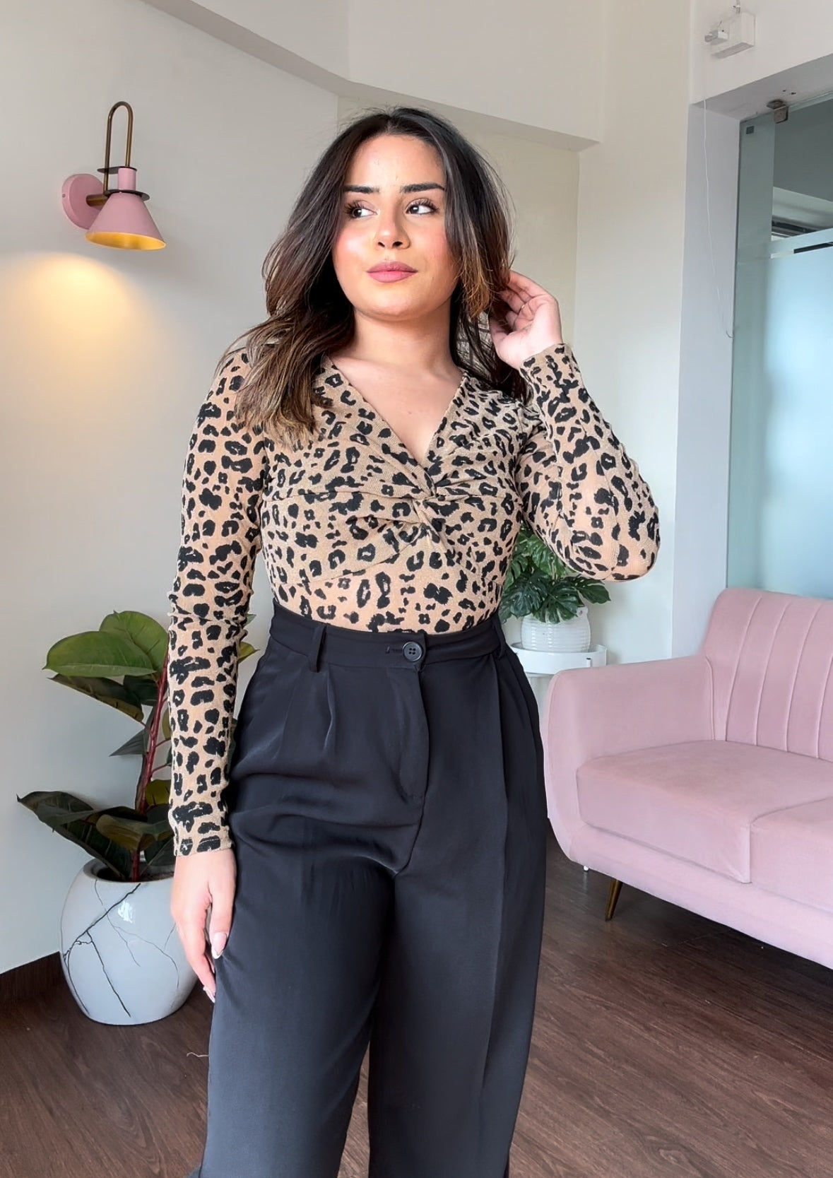 Animal Print Mesh Full Sleeve Knot Top