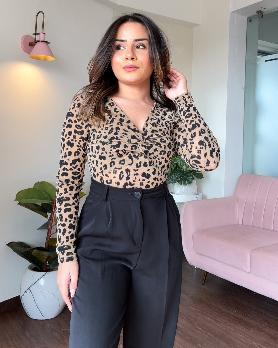 Animal Print Mesh Full Sleeve Knot Top
