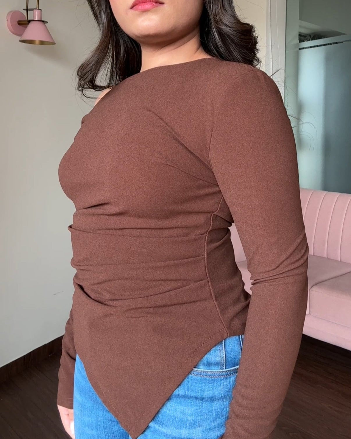 Asymmetric Ruched Solid Off Shoulder Top