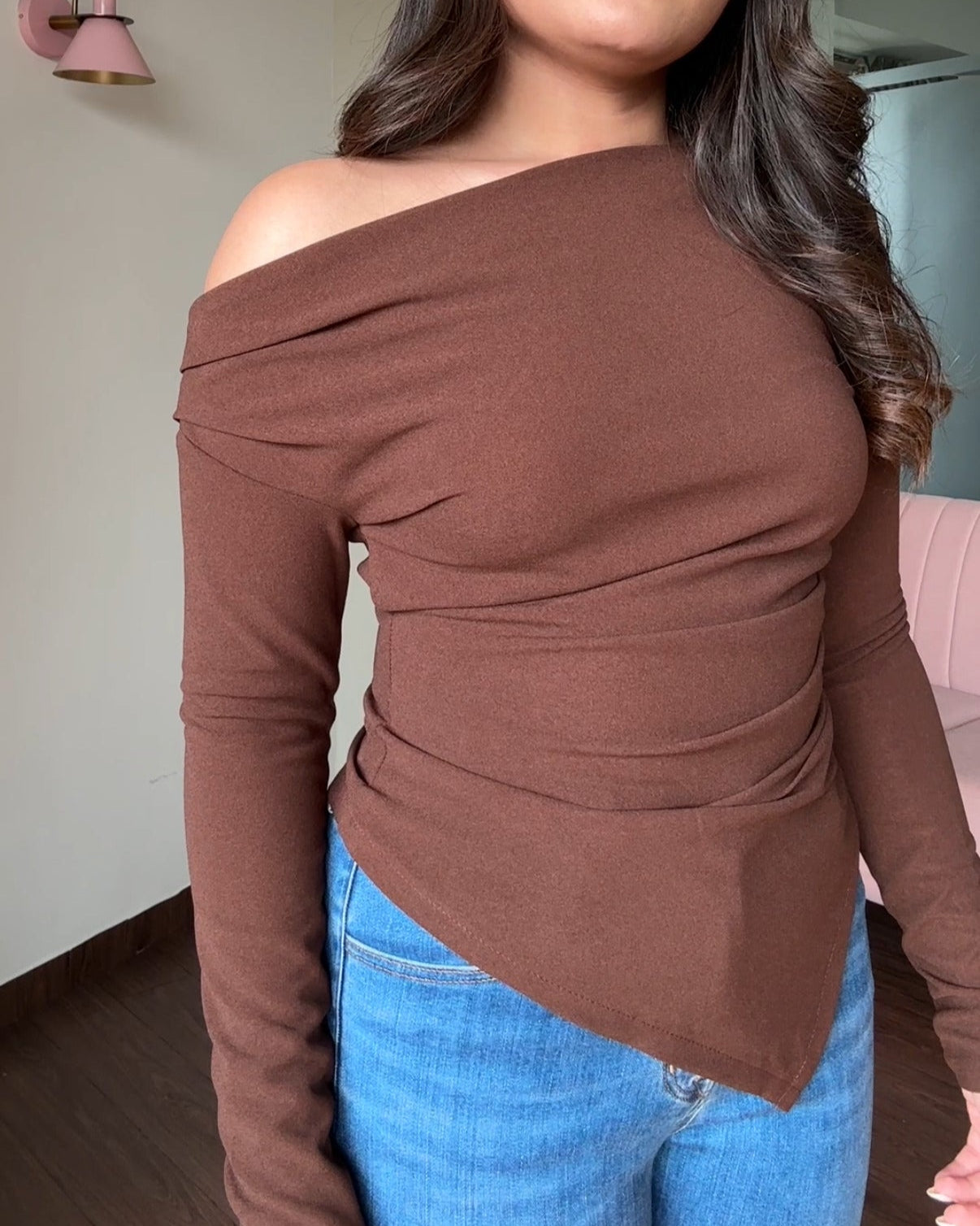 Asymmetric Ruched Solid Off Shoulder Top