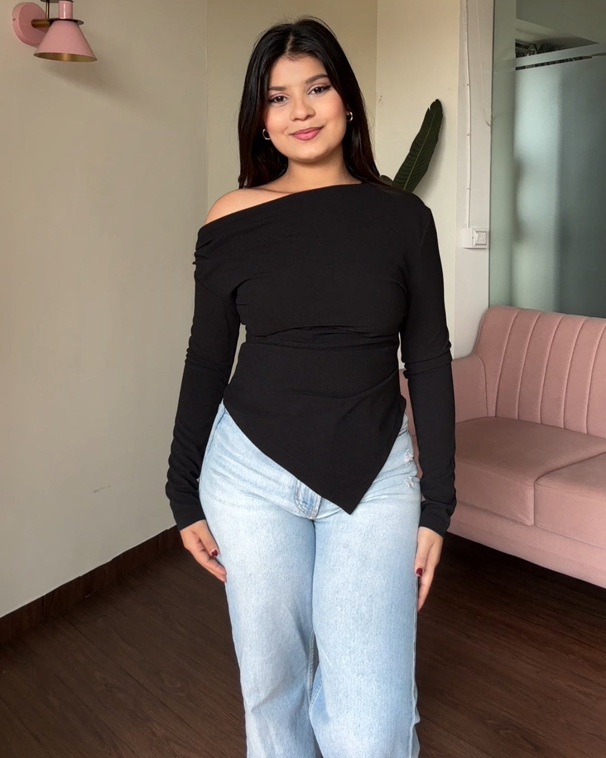 Asymmetric Ruched Solid Off Shoulder Top