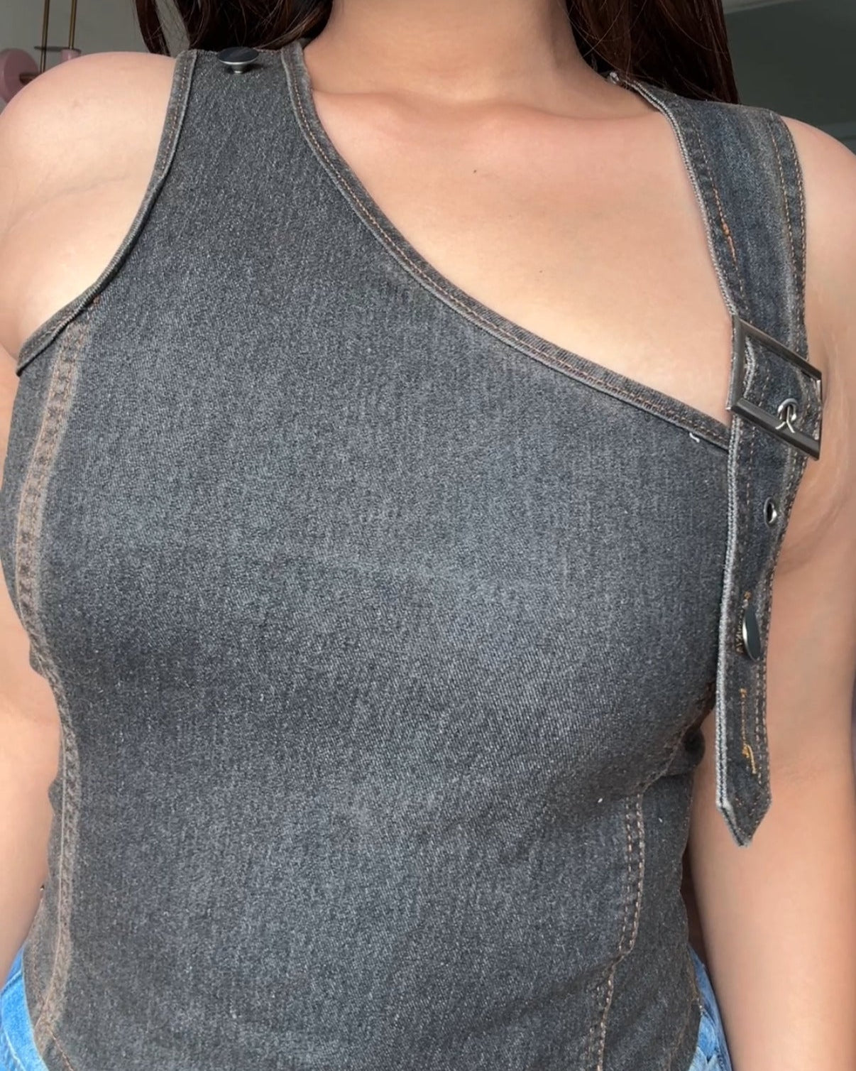 Asymmetrical Denim Fitted Top