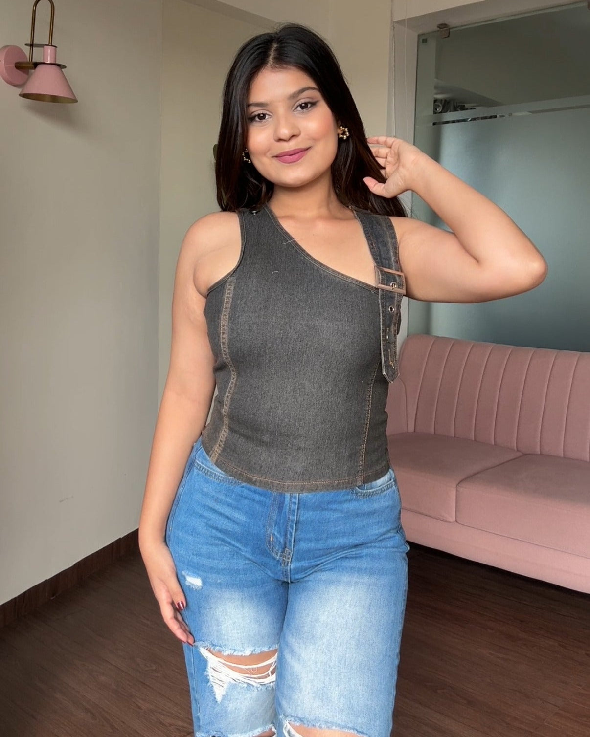 Asymmetrical Denim Fitted Top