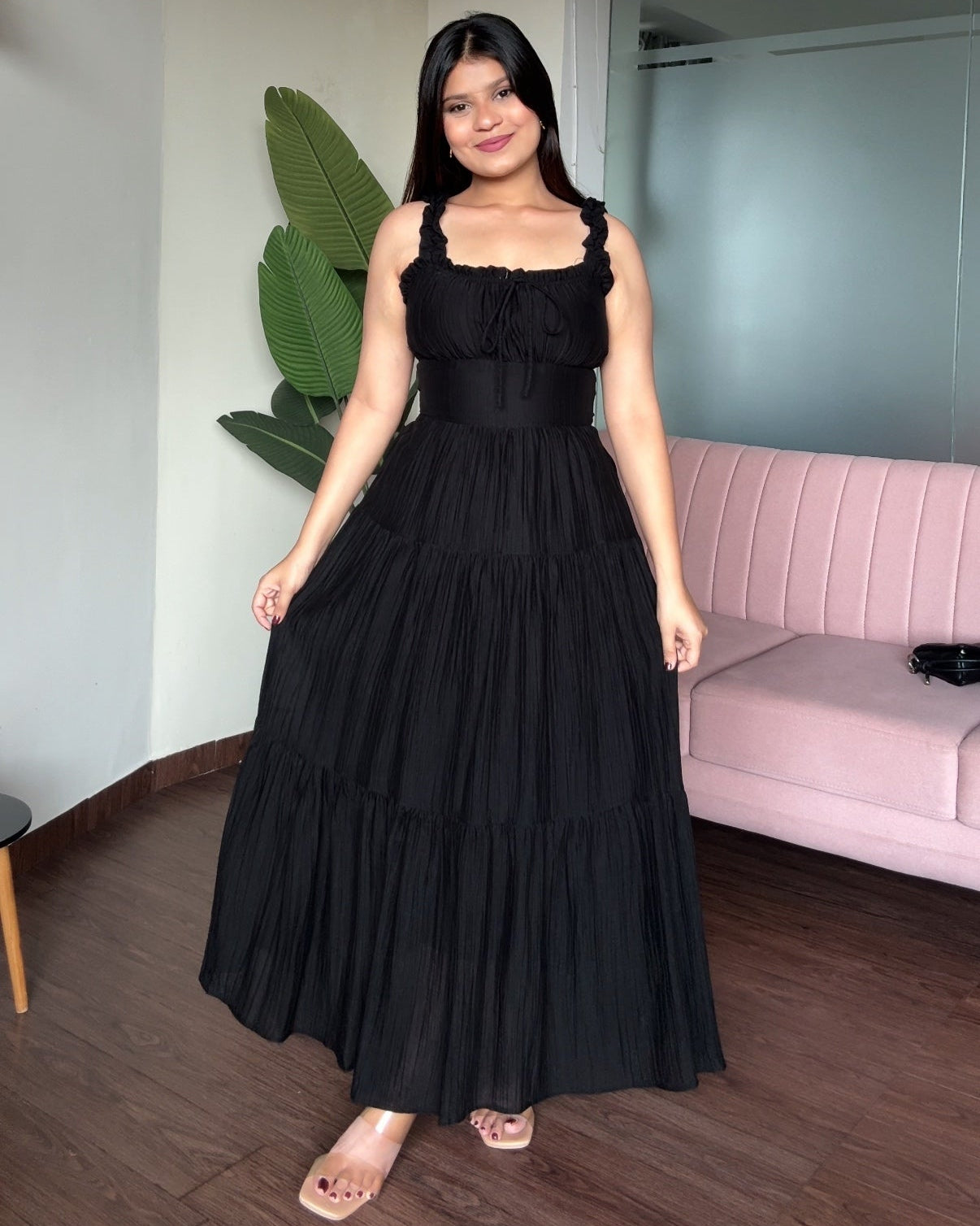 Back Tie Up Flared Maxi Dress
