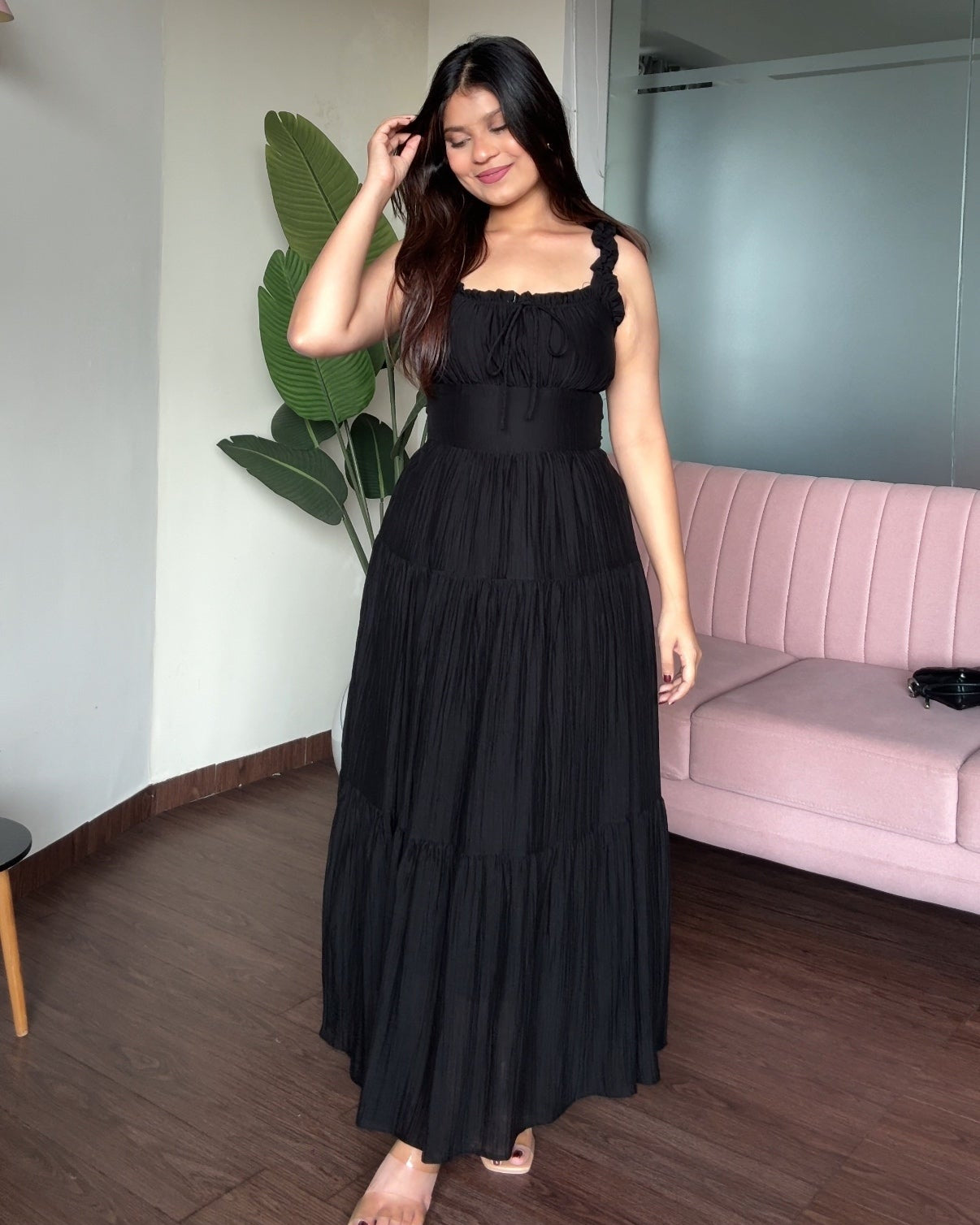 Back Tie Up Flared Maxi Dress
