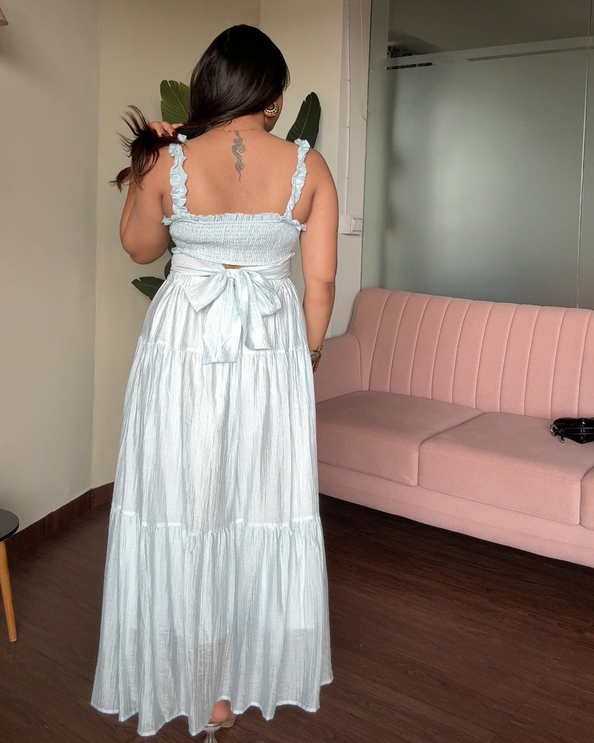 Back Tie Up Flared Maxi Dress