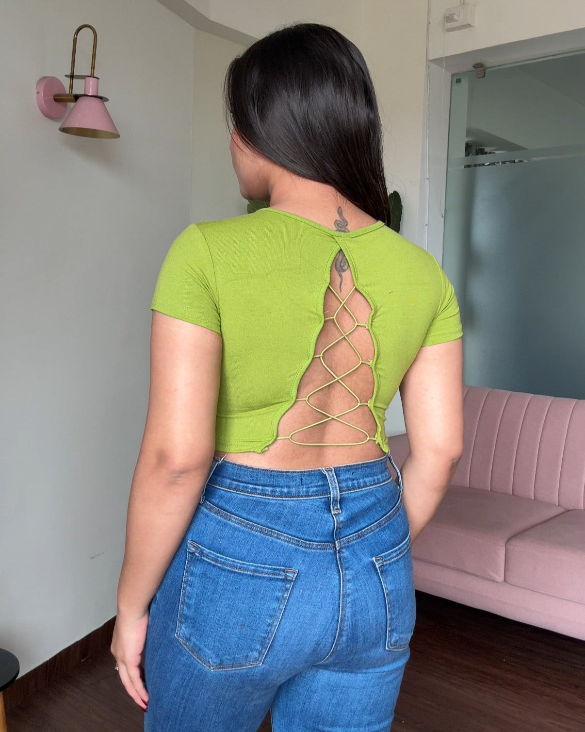 Backless Padded Round Neck Fitted Tee