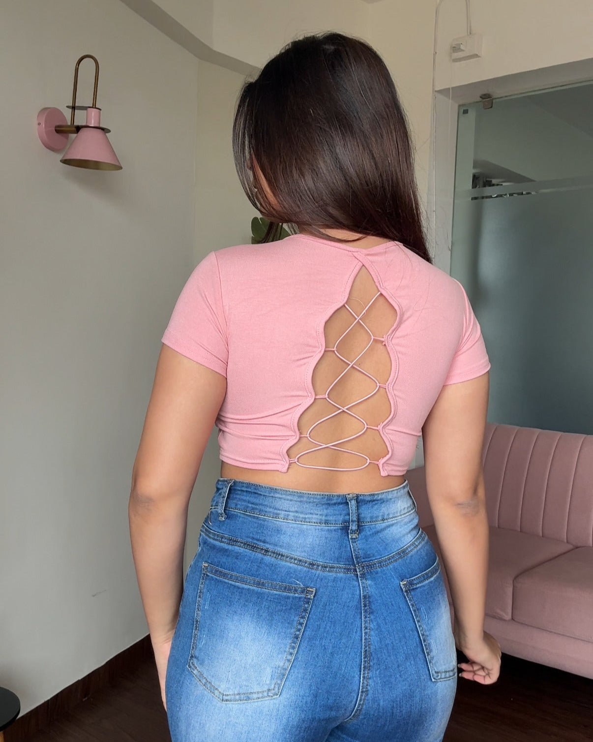 Backless Padded Round Neck Fitted Tee