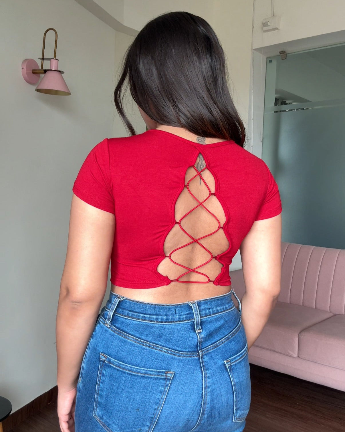Backless Padded Round Neck Fitted Tee