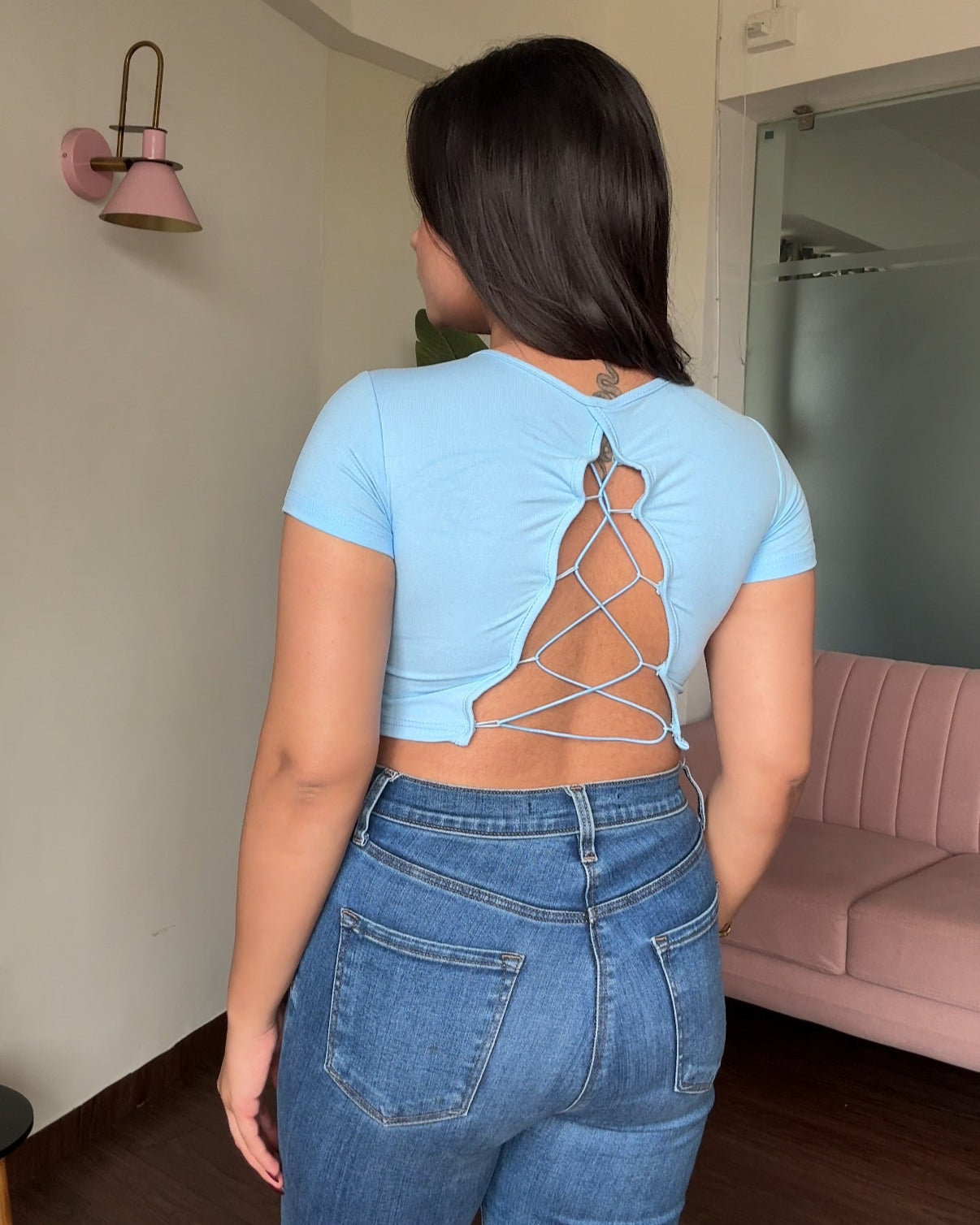 Backless Padded Round Neck Fitted Tee
