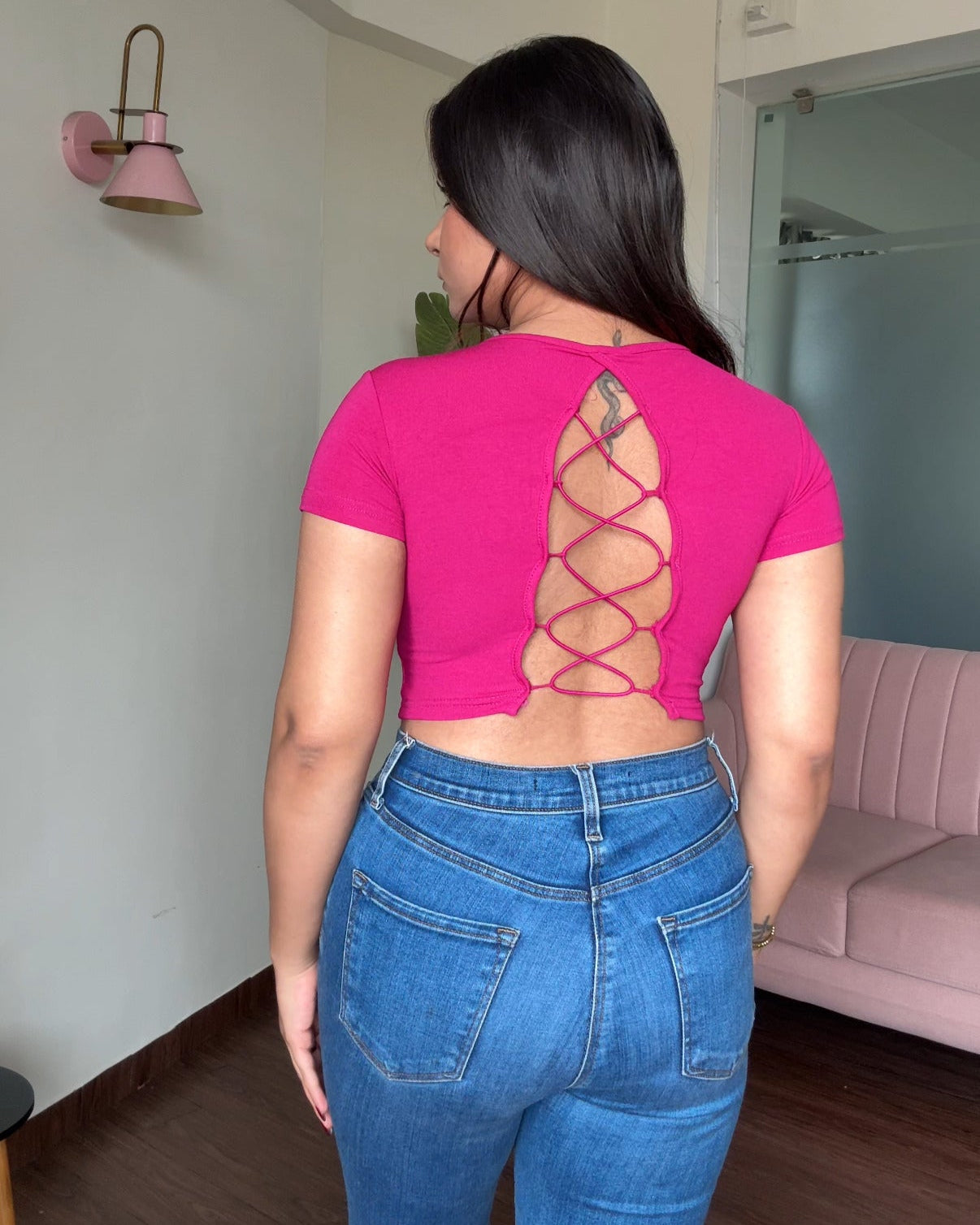 Backless Padded Round Neck Fitted Tee