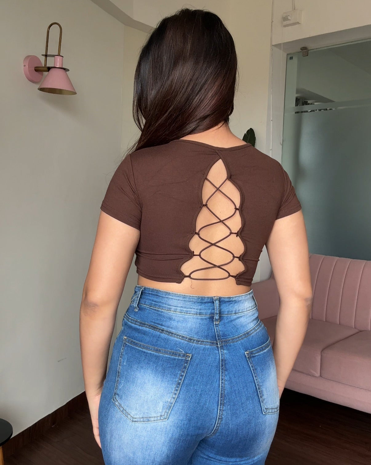Backless Padded Round Neck Fitted Tee