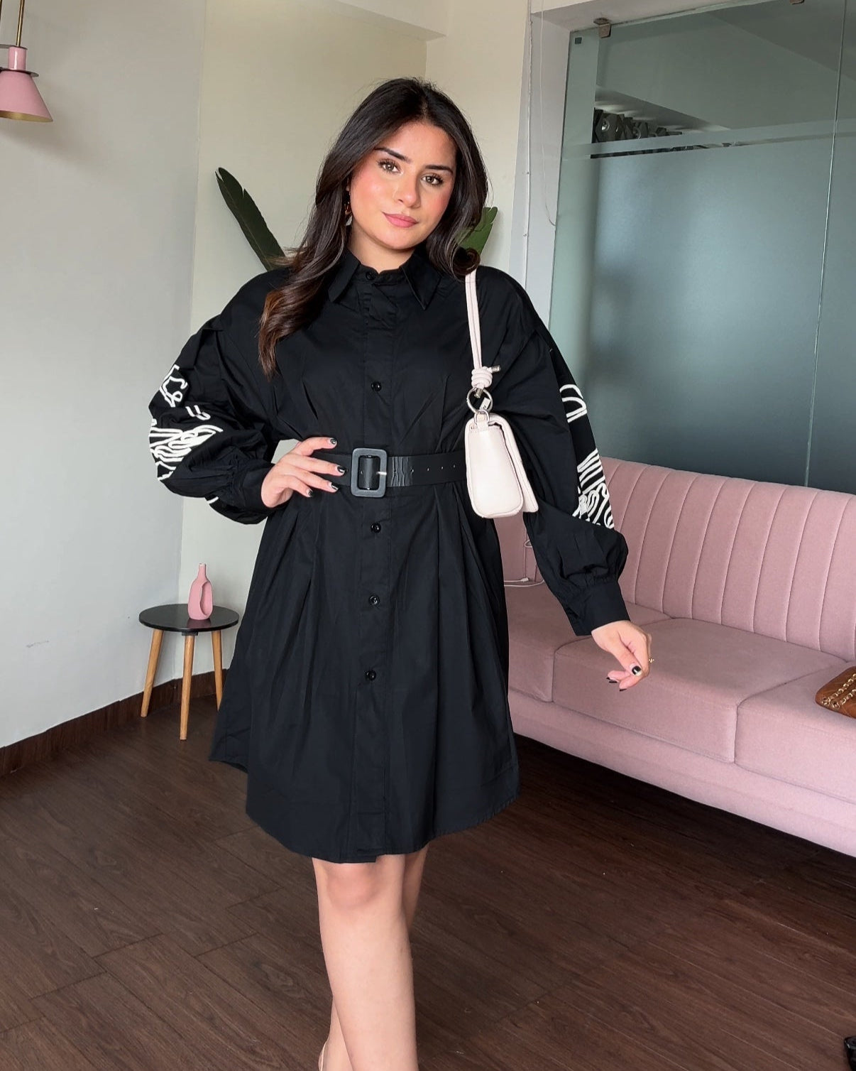 Balloon Sleeves Contrast Embroidery Shirt Dress