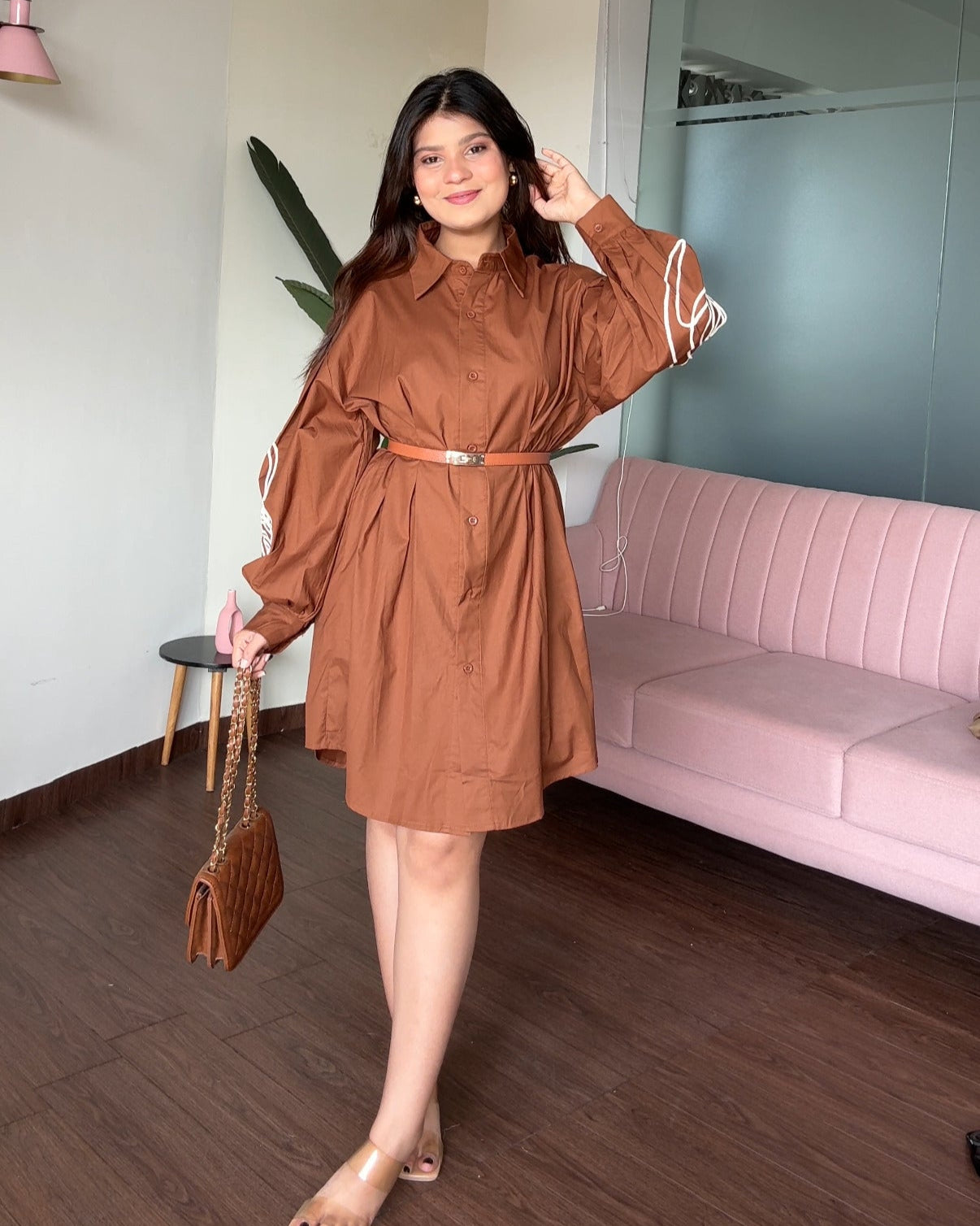 Balloon Sleeves Contrast Embroidery Shirt Dress