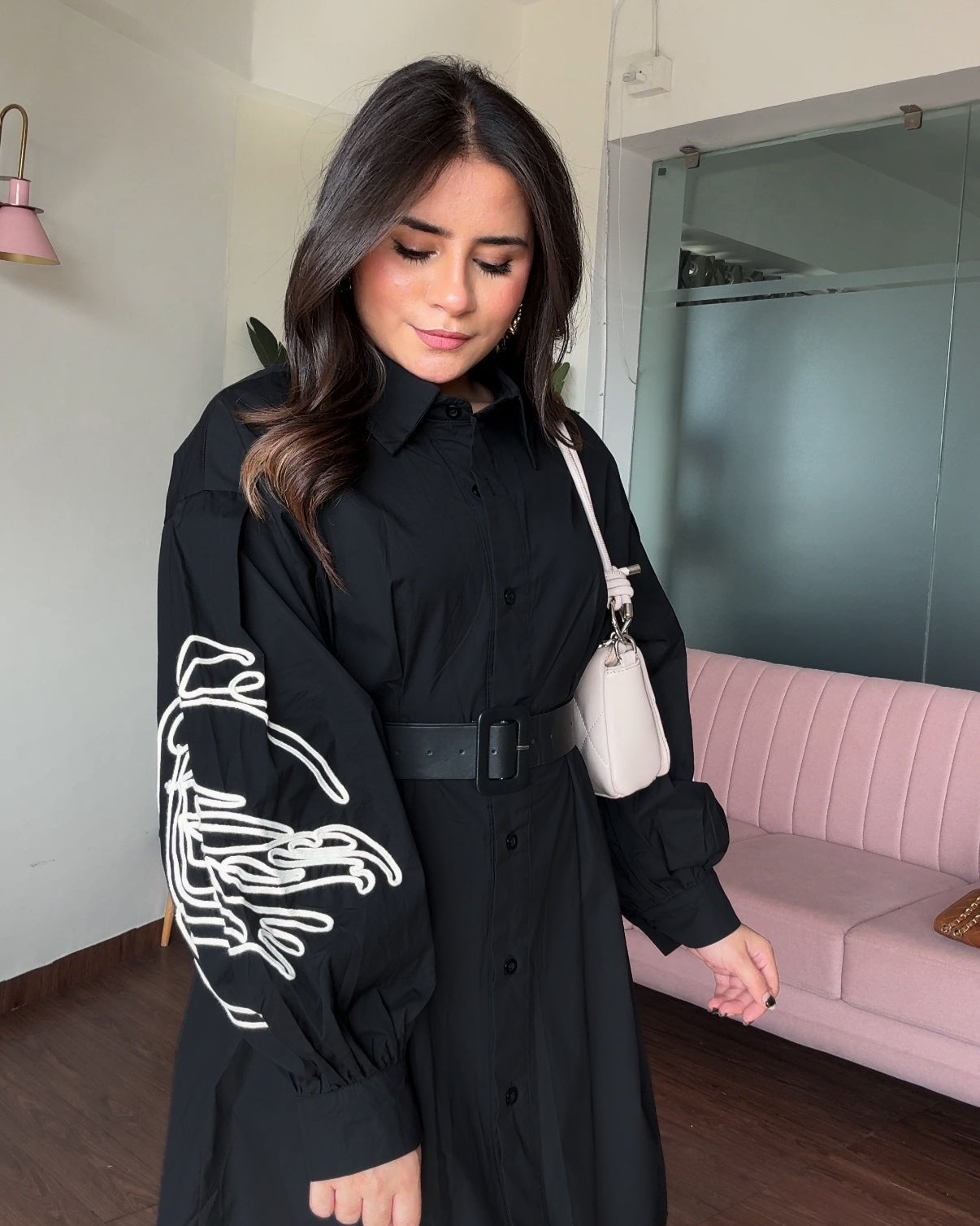 Balloon Sleeves Contrast Embroidery Shirt Dress