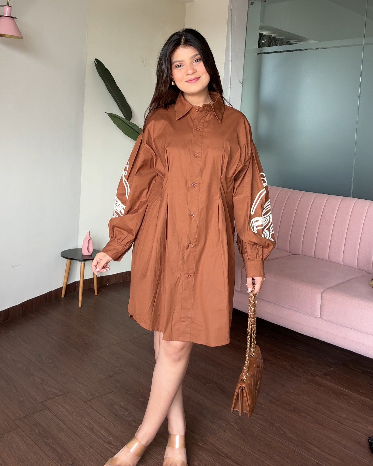 Balloon Sleeves Contrast Embroidery Shirt Dress