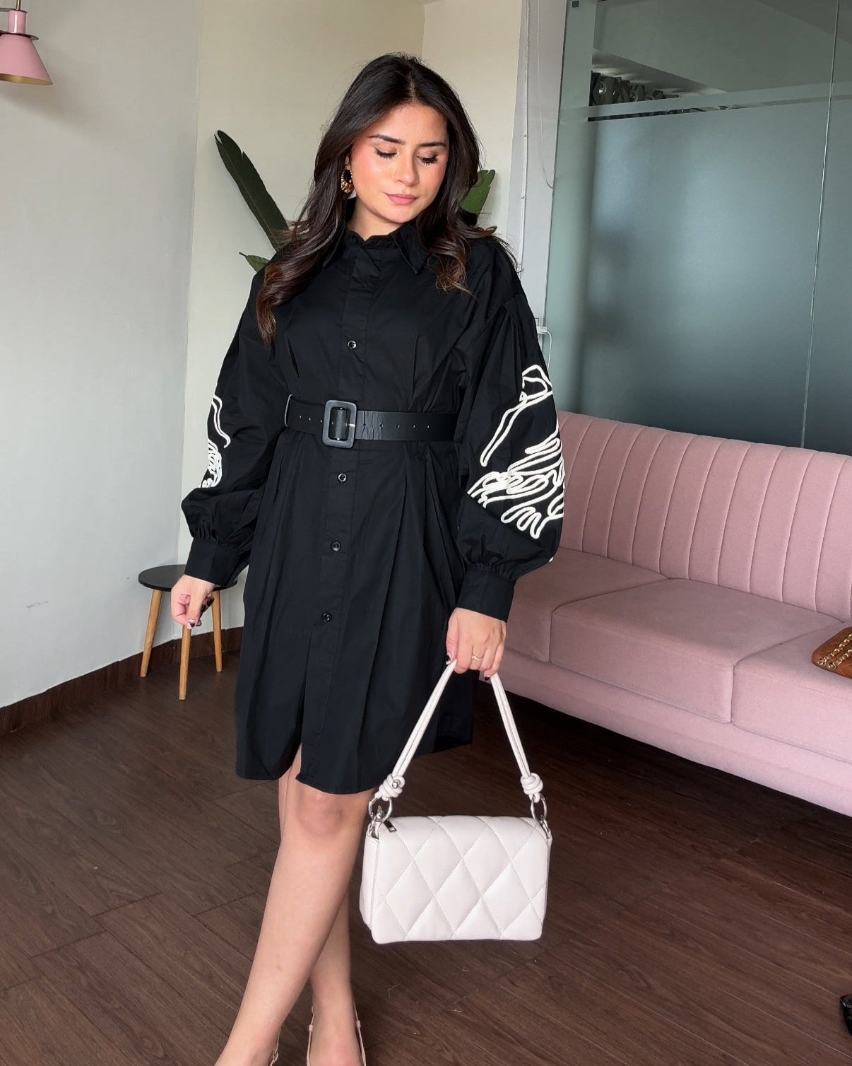 Balloon Sleeves Contrast Embroidery Shirt Dress