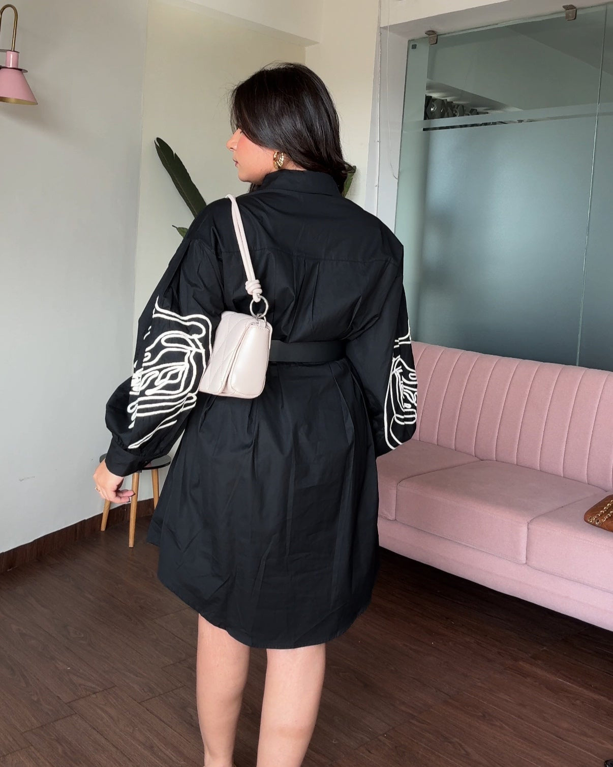 Balloon Sleeves Contrast Embroidery Shirt Dress