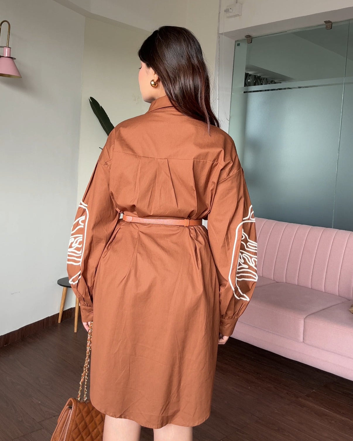 Balloon Sleeves Contrast Embroidery Shirt Dress