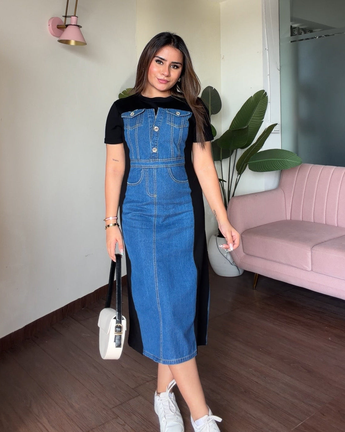 Basic Denim Contrast Detailing Midi Dress