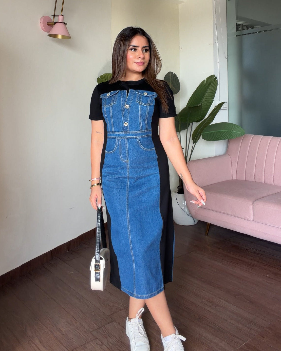 Basic Denim Contrast Detailing Midi Dress