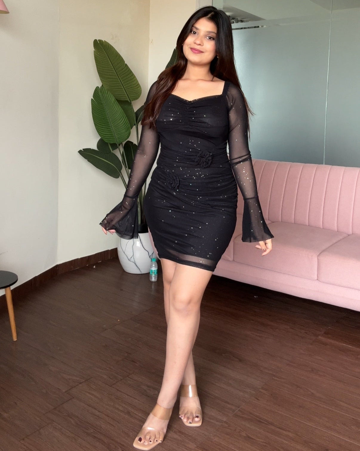Bell Sleeve Sweetheart Rose Detail Mesh Mini Dress